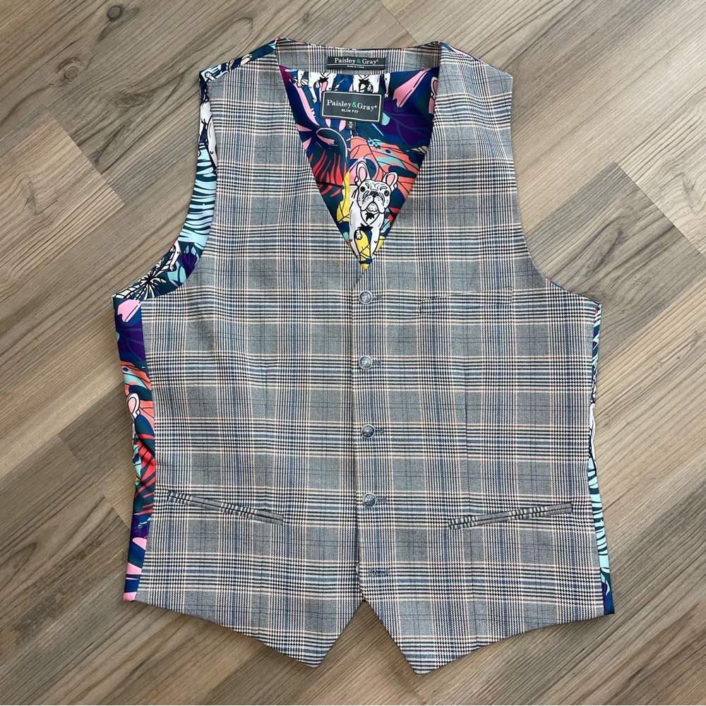 Paisley & Gray Blue and Gray Plaid Frenchie Slim Fit Vest Size Medium